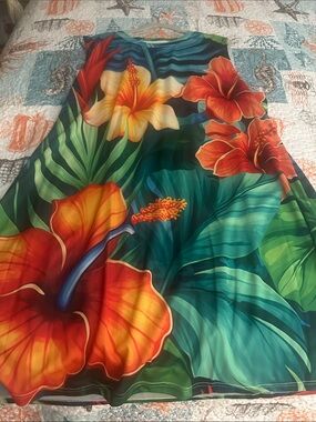 Tropical Hibiscus Floral A-Line Dress in Green and Orange